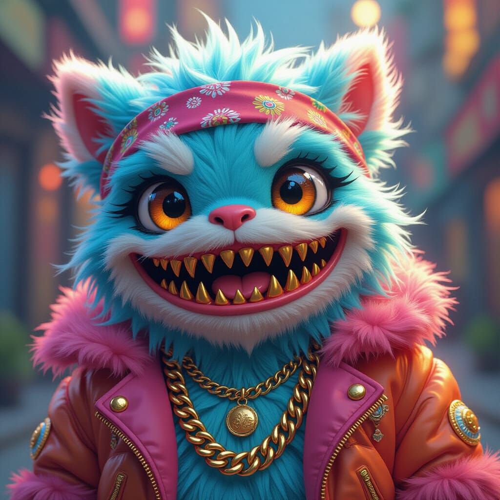 Cute Fluffy Monster Portrait in Ornate Art Nouveau Style