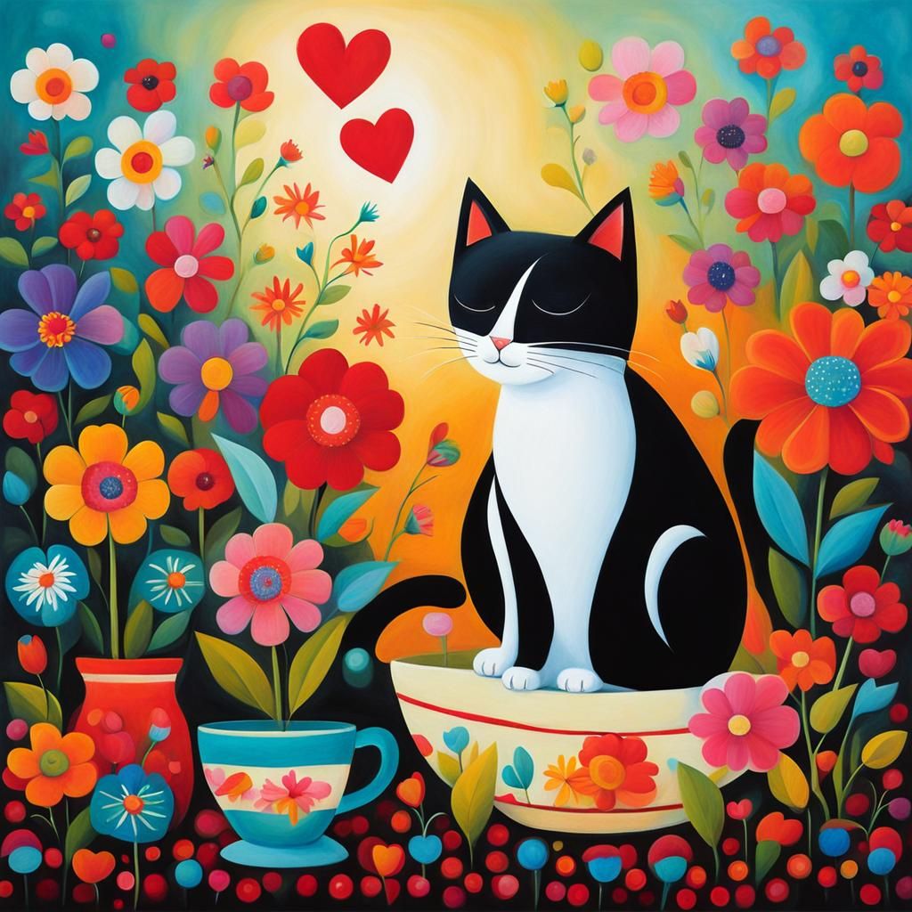 Cute Cat Surrounded by Flowers in Naive Art Style