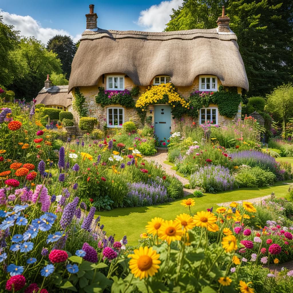 Charming English Country Garden with Colorful Flowers