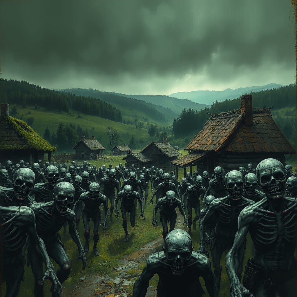 Zombies Invade a Rural Village in a Dark, Gothic Illustratio...