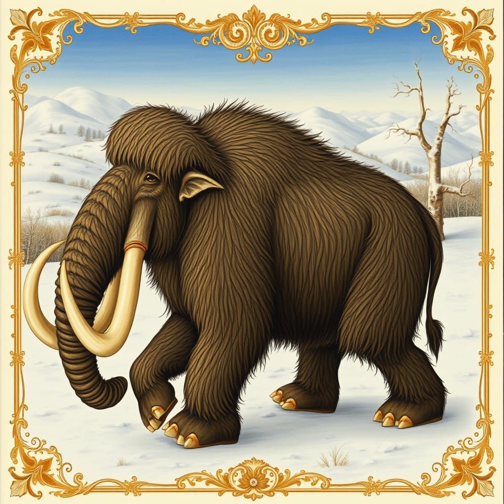 Majestic Woolly Mammoth in Medieval Manuscript Style