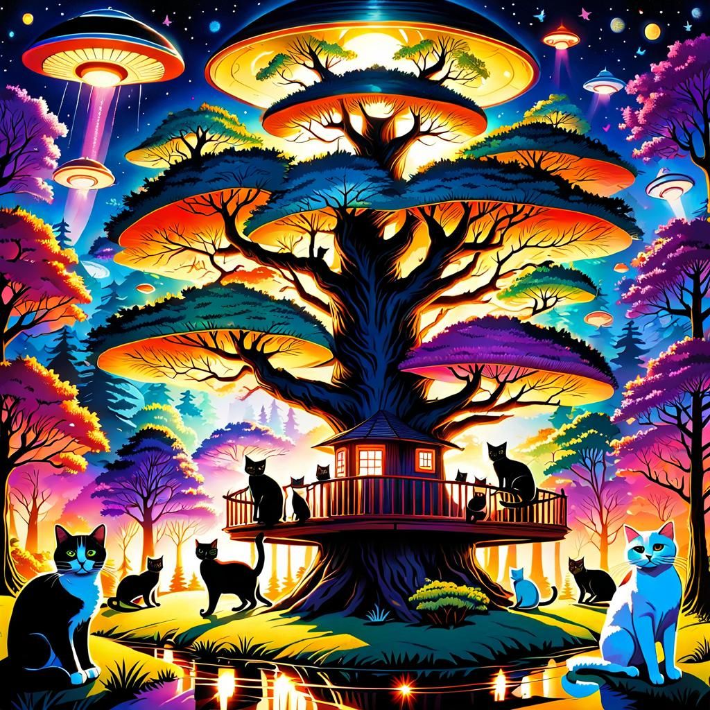 Cats Under Twisted Treehouse Witness UFO Invasion