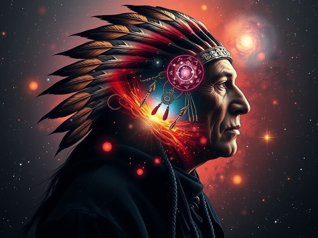 Native American Chief Blending into Cosmic Galaxy