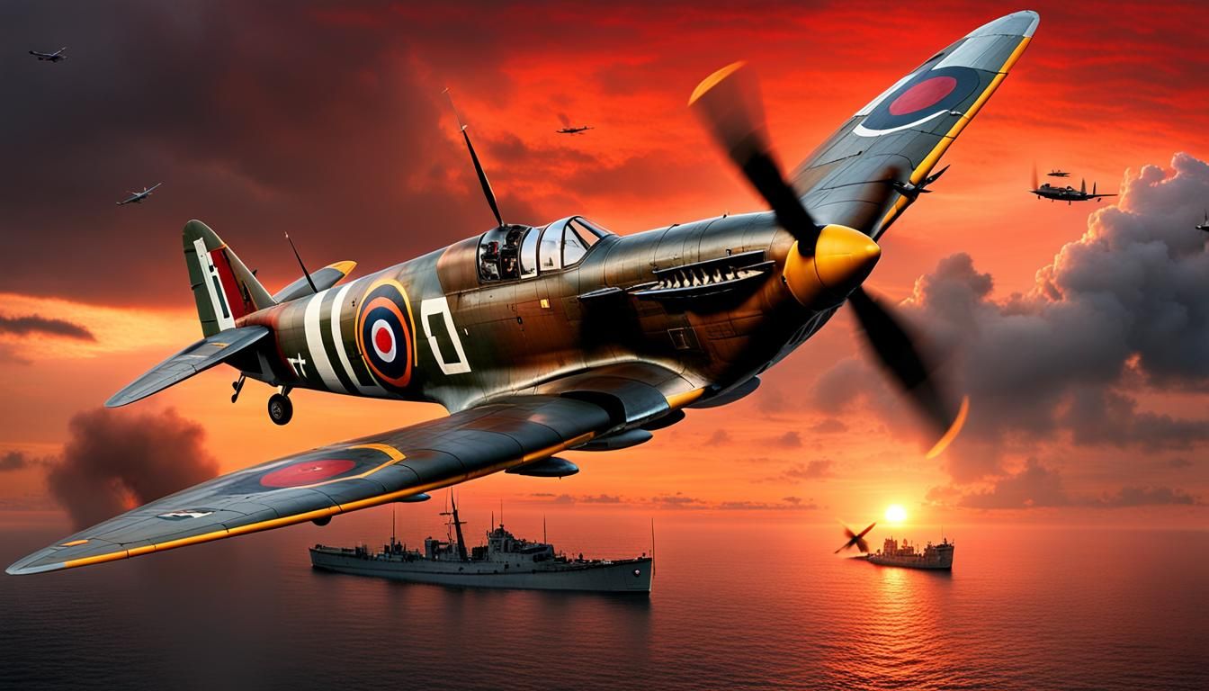 Spitfire Dogfight Over Sea at Sunset: Digital Matte Painting