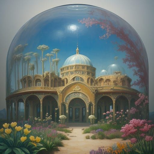 Majestic Flower in Glass Cupola, Desert Landscape