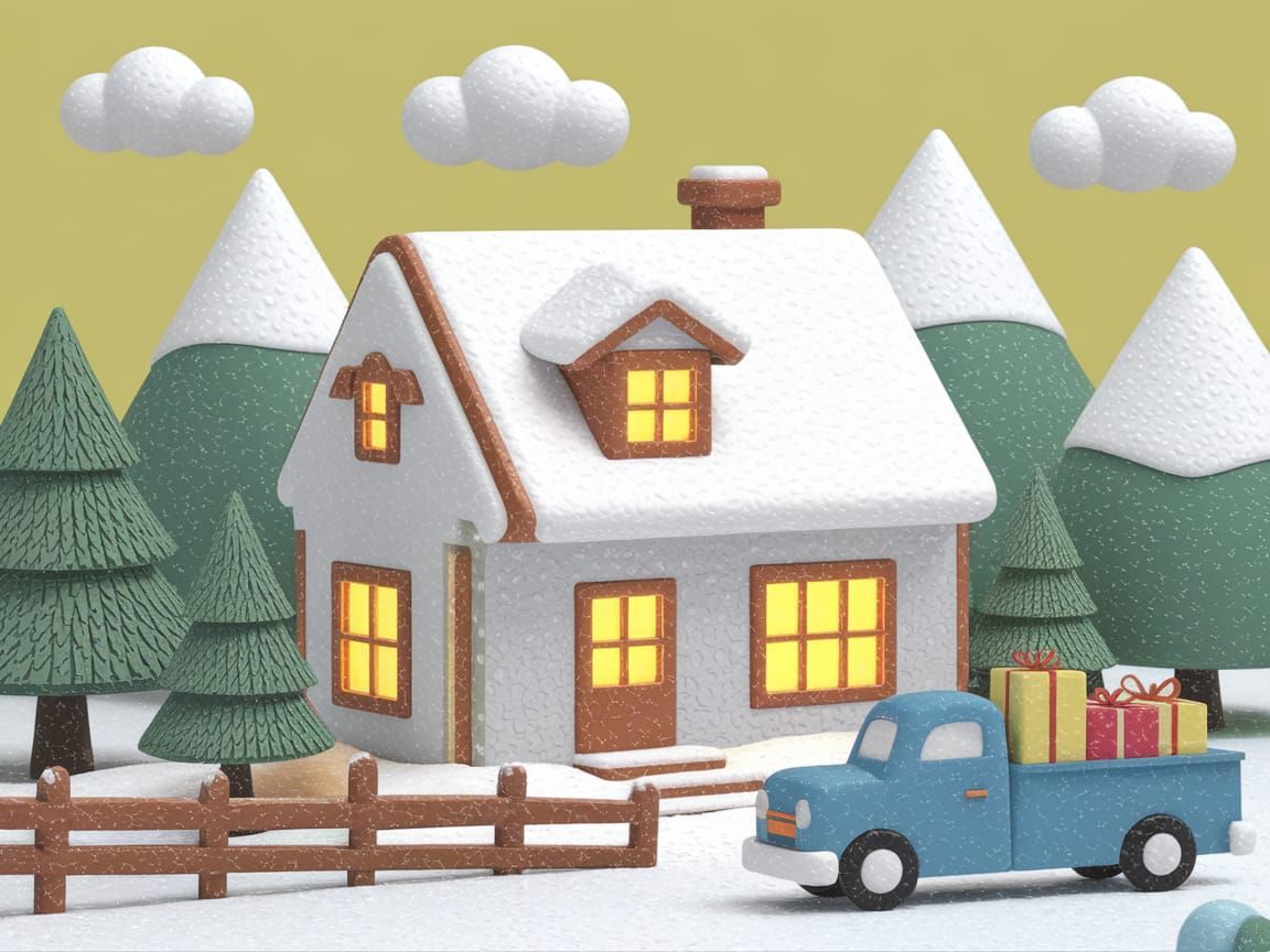 Cozy Winter Scene with Blue Truck in 3D Style