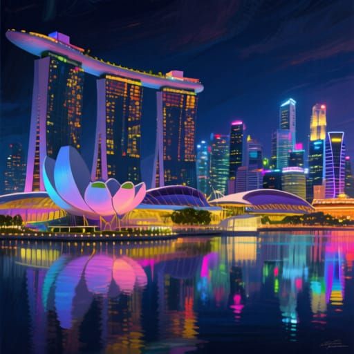 Marina Bay Sands Singapore Night View Digital Painting Poste...