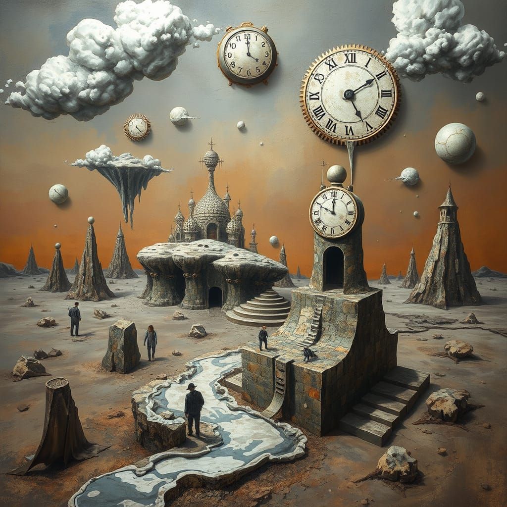 Surreal Landscape with Floating Islands and Melting Clocks