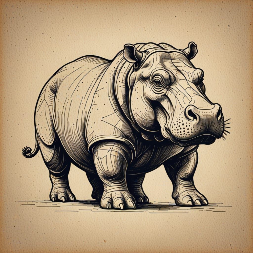 Monochromatic Hippopotamus Figurine in Vintage Continuous Li...
