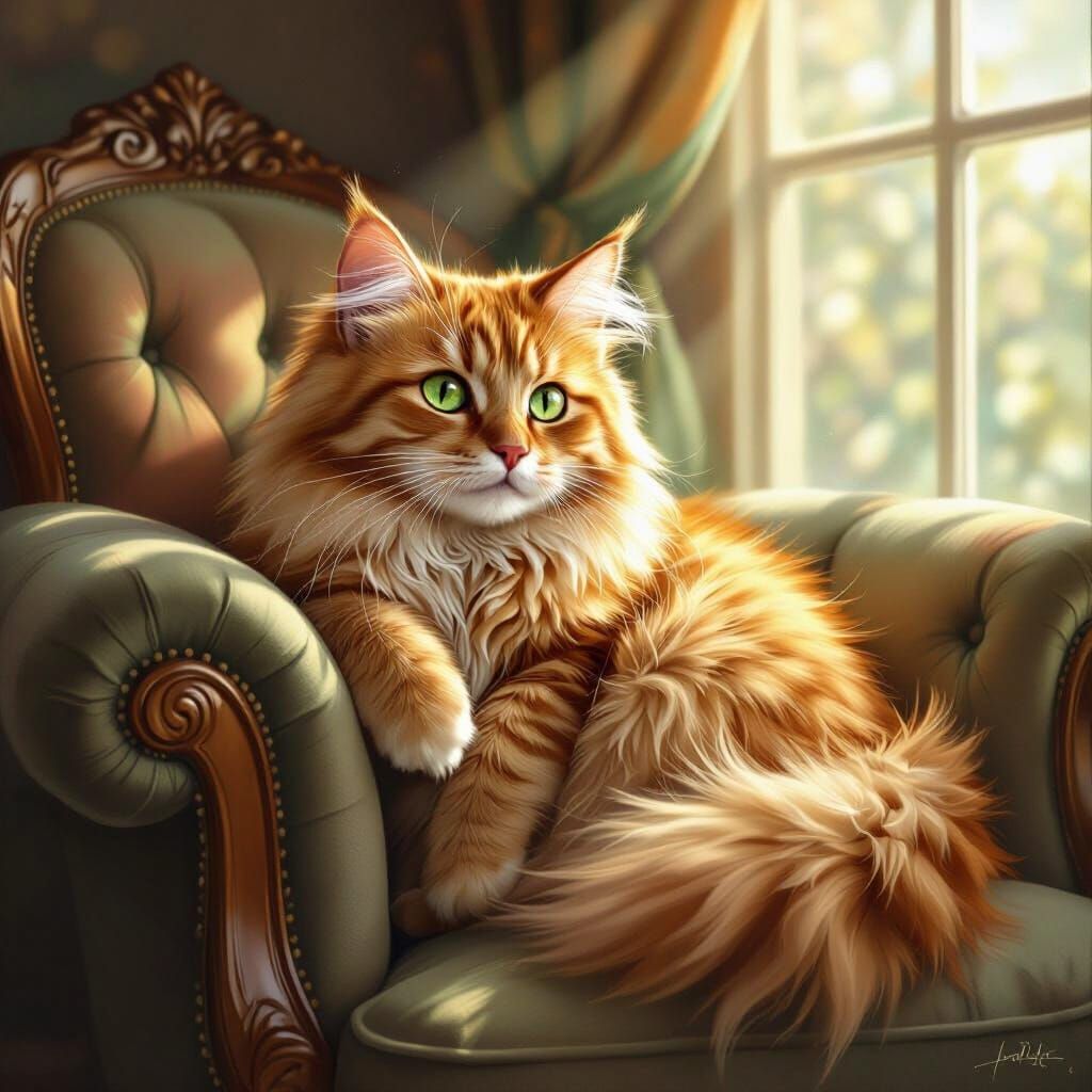 Fluffy Ginger Cat Lounging on Velvet Armchair