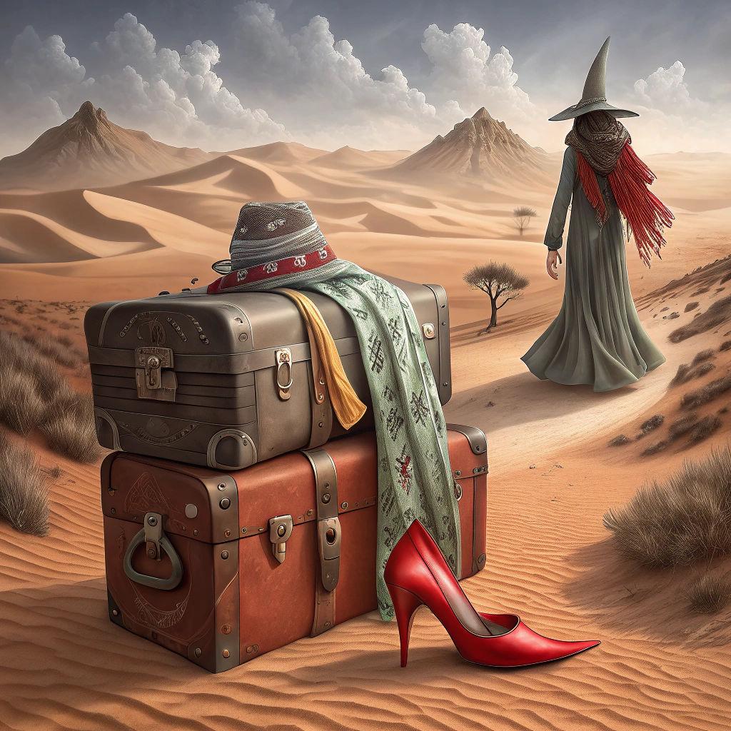 Surreal Desert Luggage Portrait in Fantasy Core Style