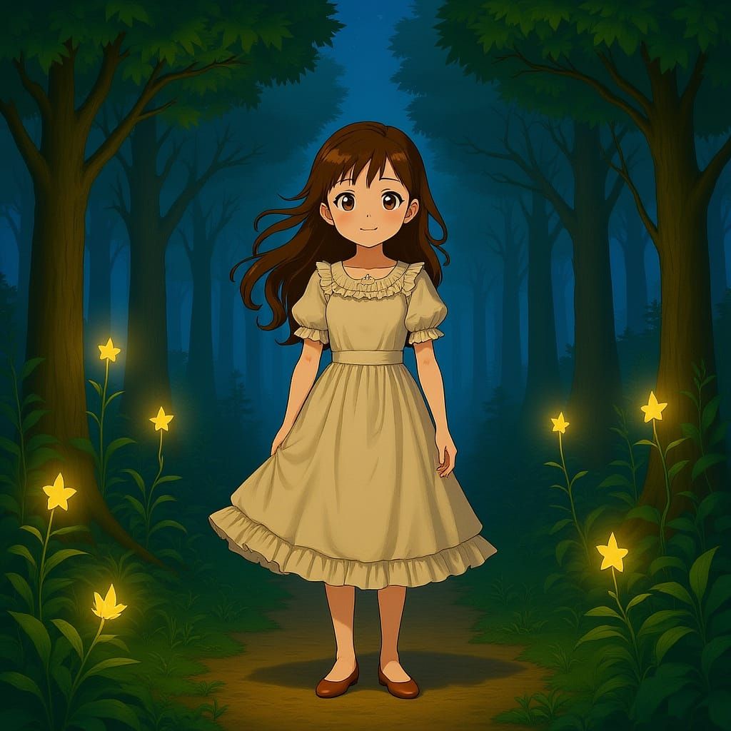Whimsical Forest Scene with Girl and Fireflies