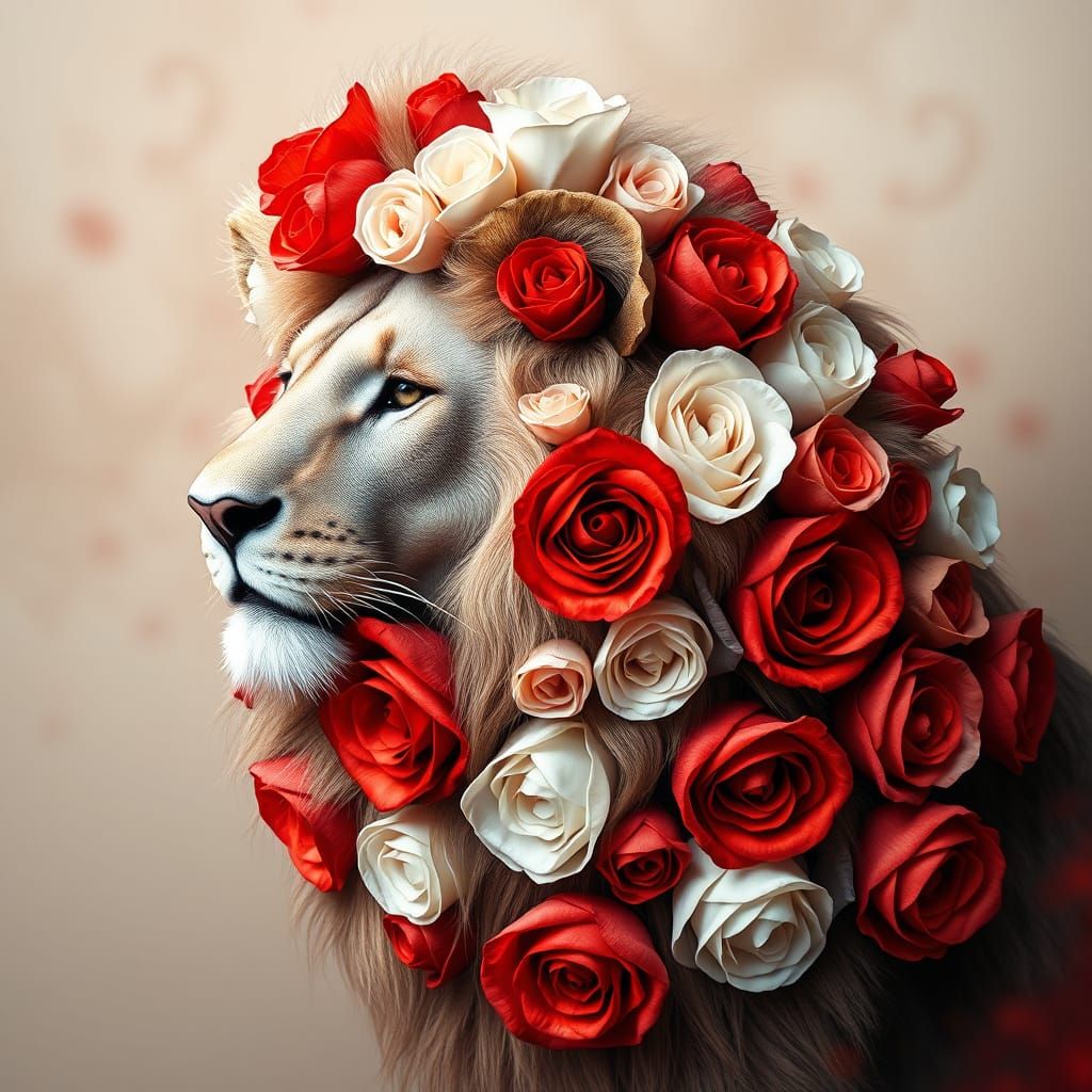Abstract Lion Made of Red and White Roses