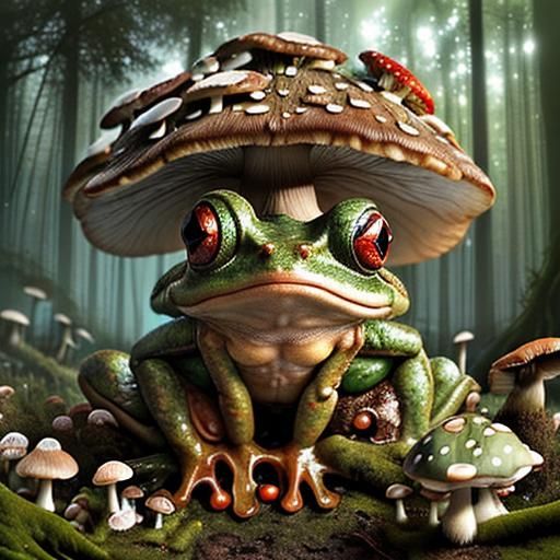 Mycelium Frog with Mushroom Hat in Decaying Forest