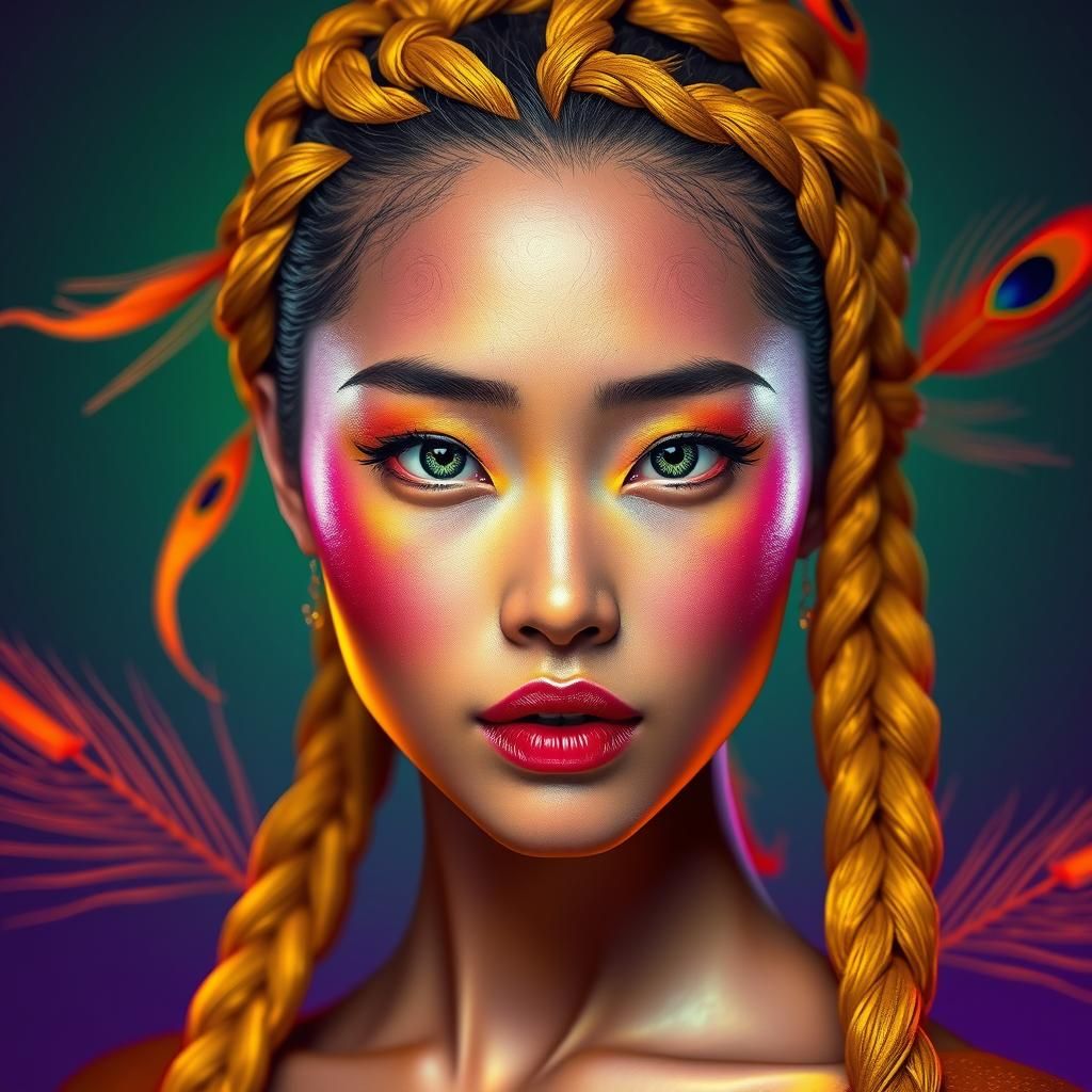 Rainbow Asian Woman with Peacock Feathers, Ethereal Concept ...