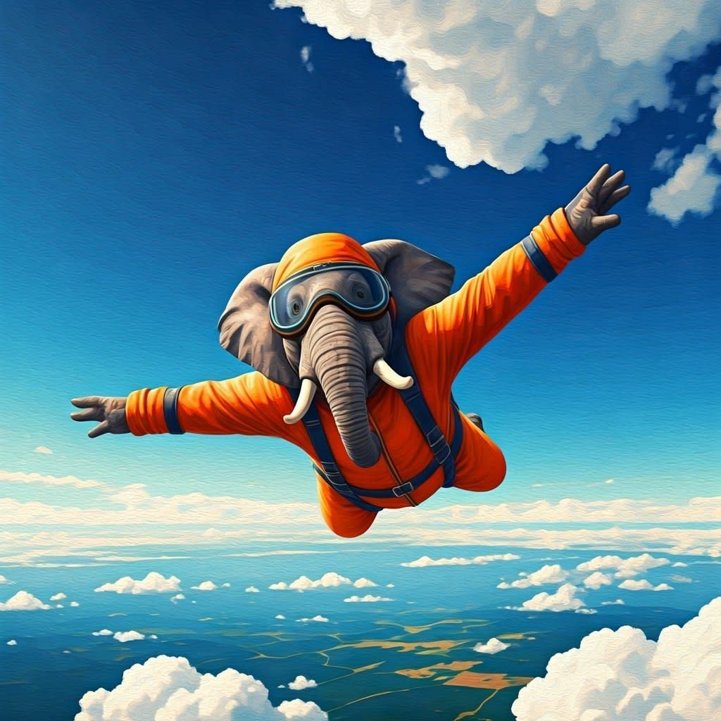 Elephant Skydiving in Orange Jumpsuit: Matte Painting