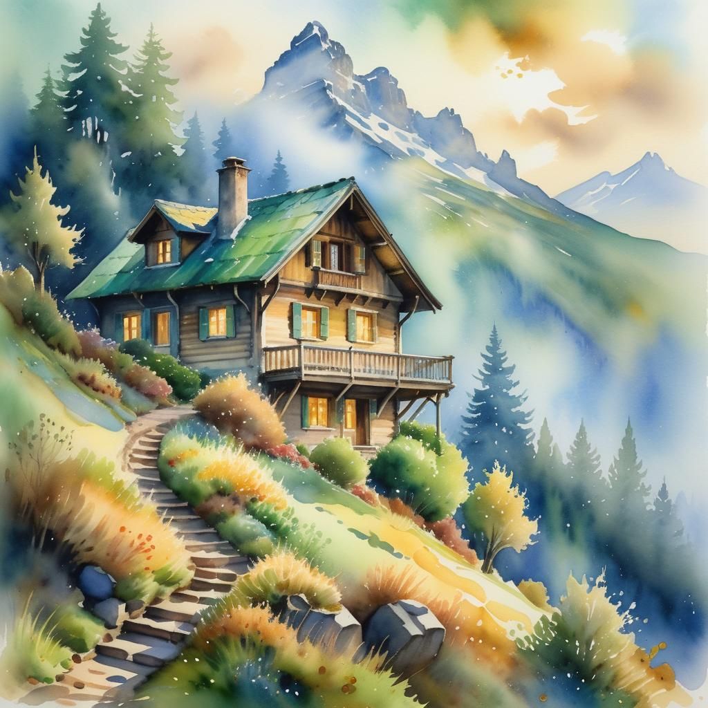 Mountain Chalet in Impressionistic Watercolor Painting
