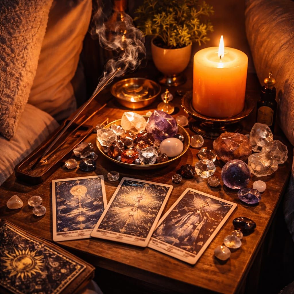 Cozy Nighttime Vibe: Crystals, Tarot, and Candlelight