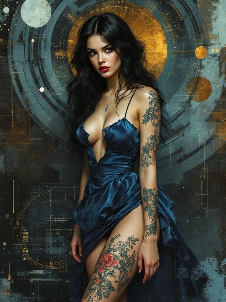 Renaissance Glitch: Tattooed Pin-Up in Overlapping Styles