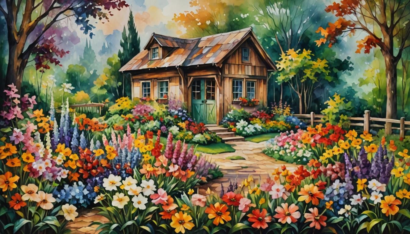 Pastel Flower Garden Surrounding Potting Shed
