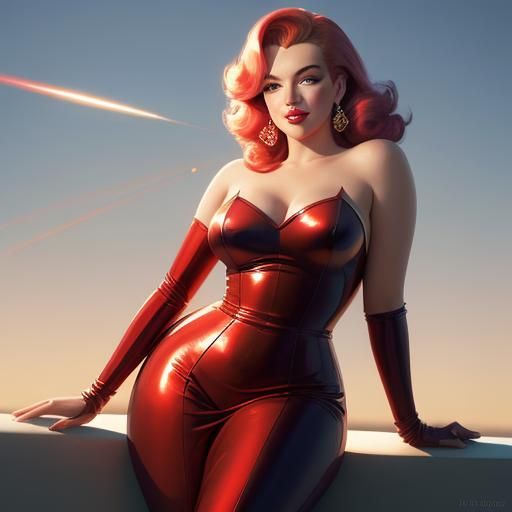 Pin-Up Girl on Rocket Ship in Hyperrealistic Oil Painting