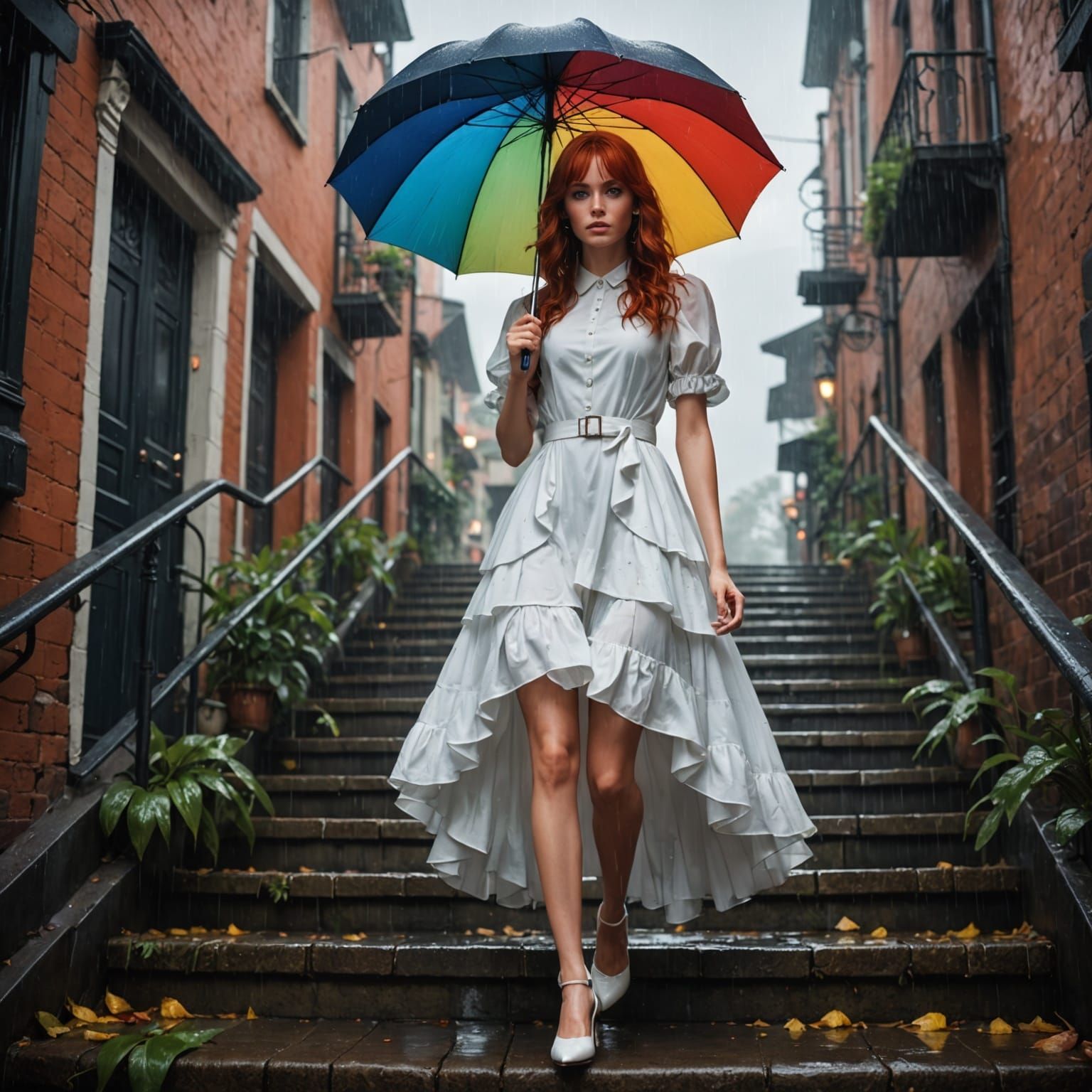 Ethereal Fantasy Figure Descending Rainy Staircase in Detail...