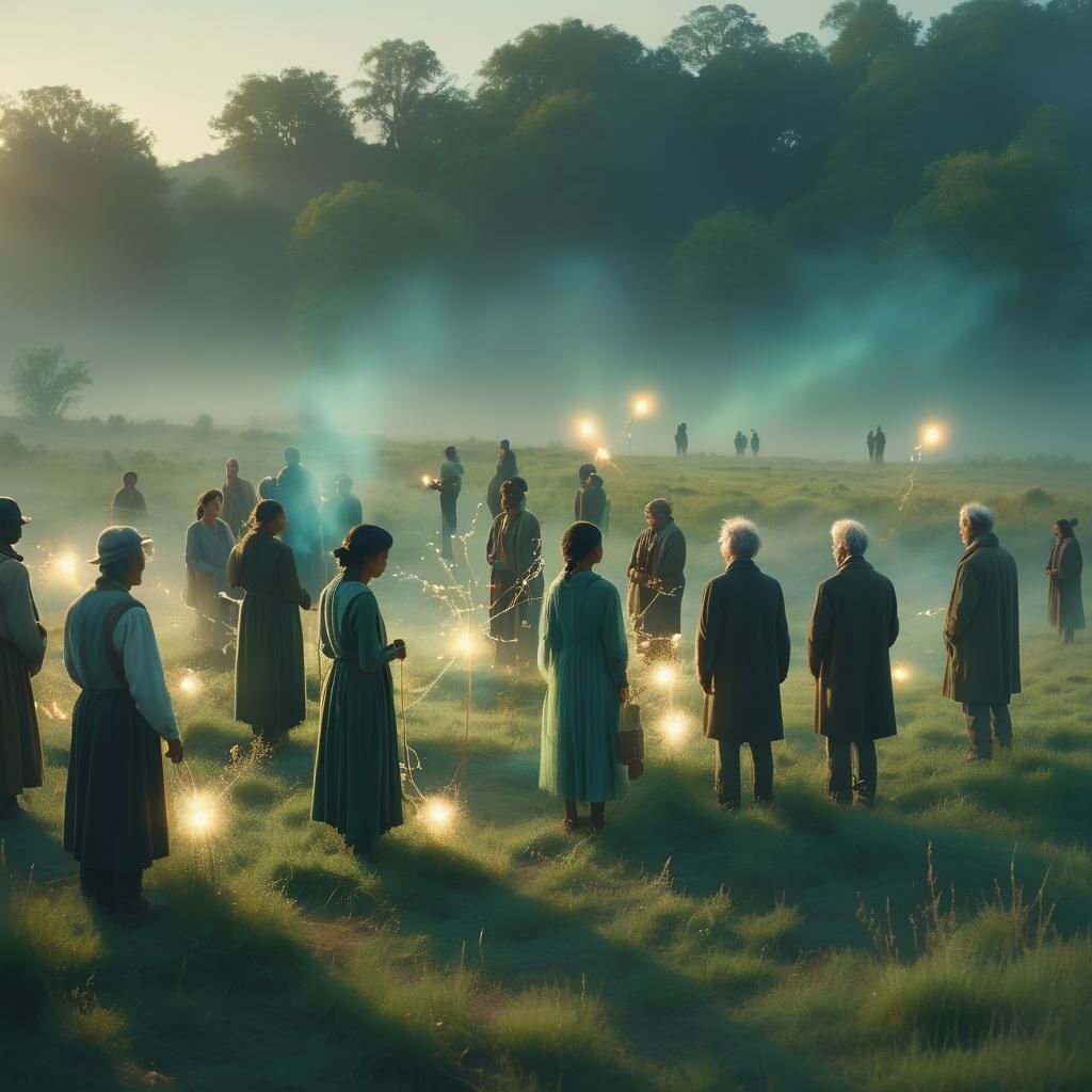 People United by Light in Serene Dawn Landscape