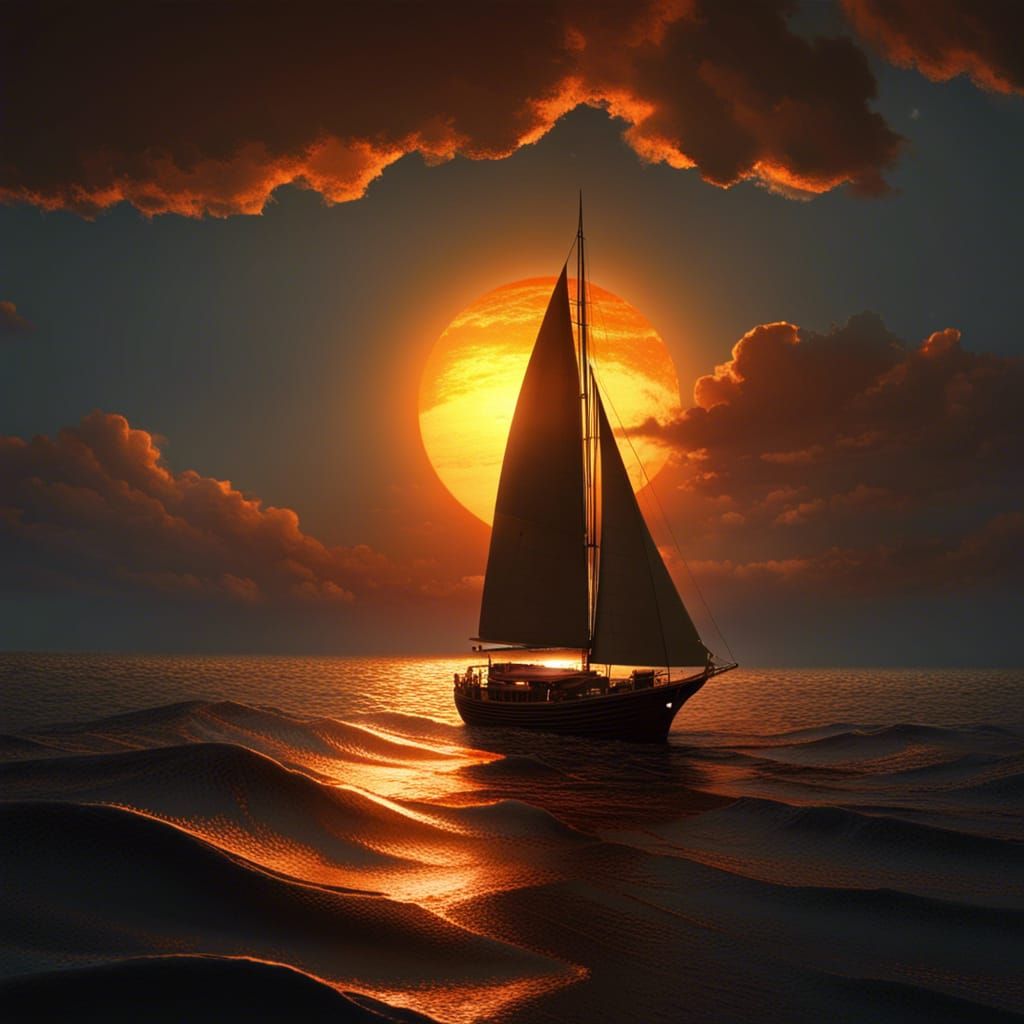 Sailboat Silhouetted Against a Dark Fantasy Sunset