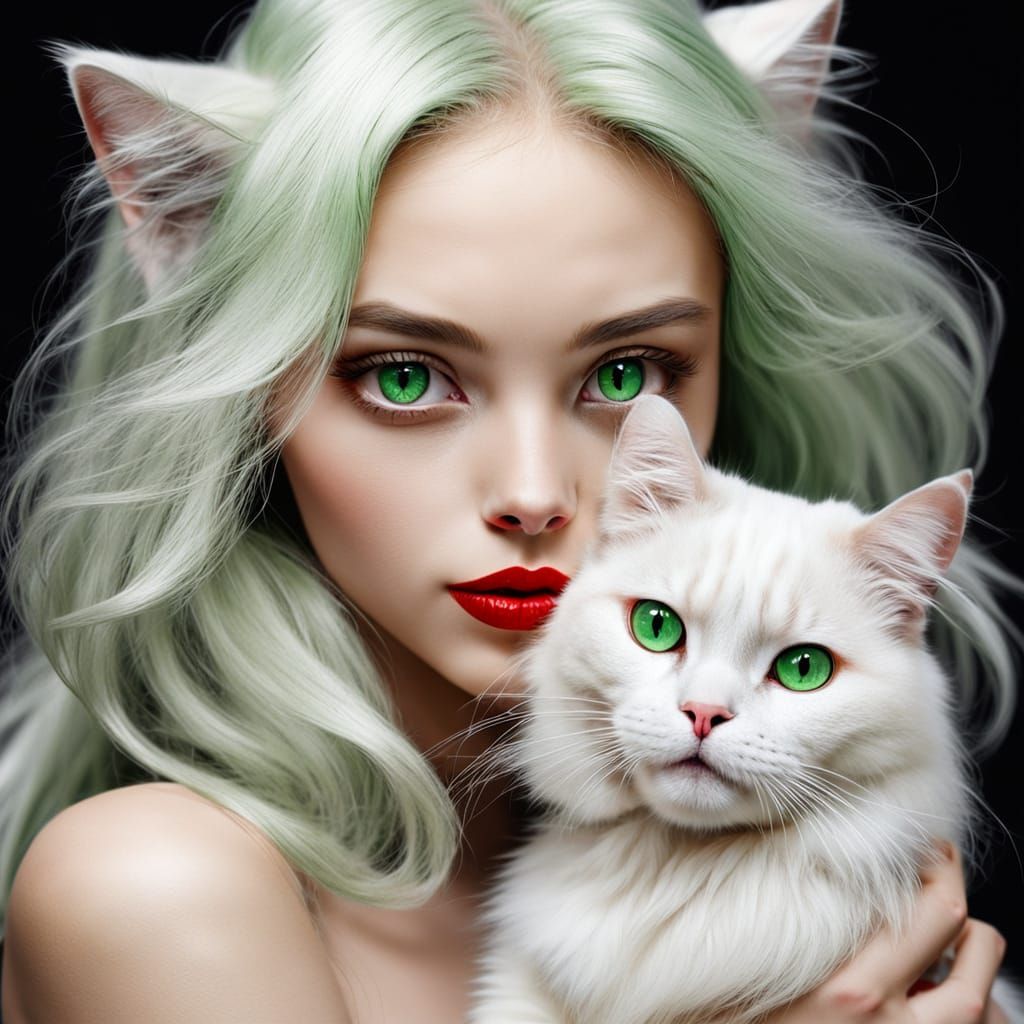 Enchanting Green-Eyed Woman with Feline Companion
