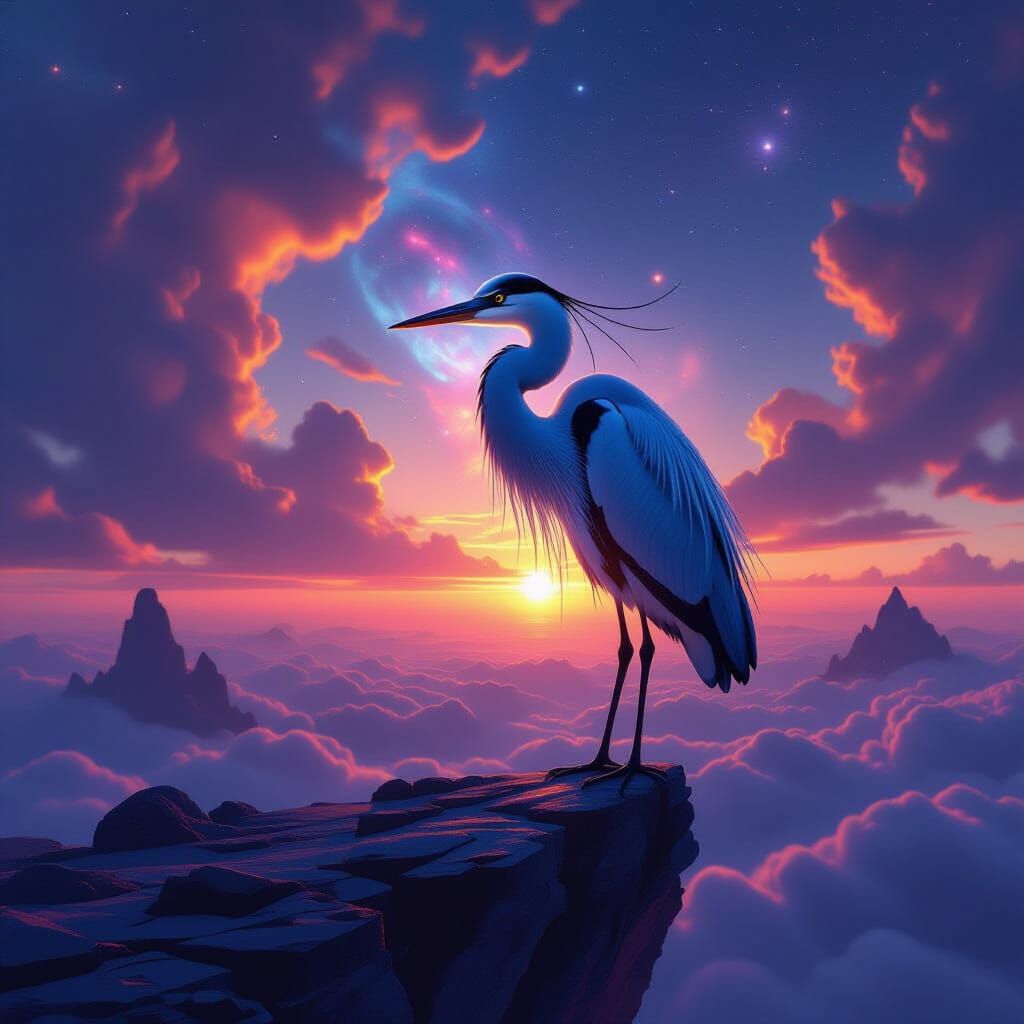 Photorealistic Sci-Fi Heron on Nebula Edge