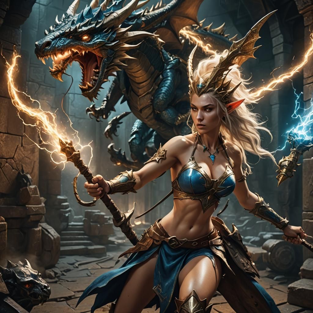 Wood Elf Battles Dragon with Lightning Staff