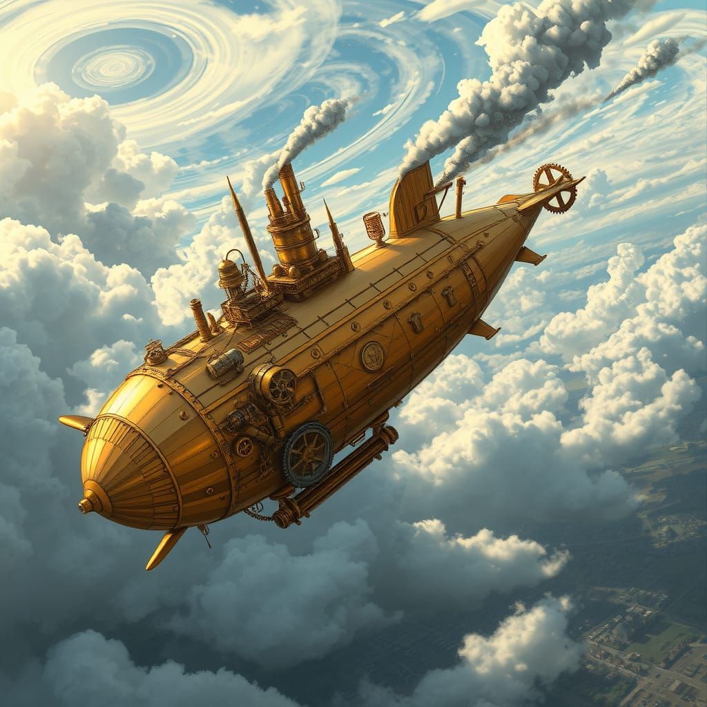 Steampunk Airship Soaring Through Cloudy Skies