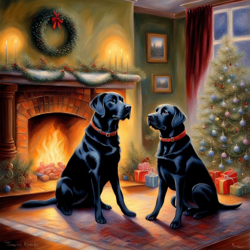 Black Labs Celebrate Christmas: Ethereal Fantasy Scene