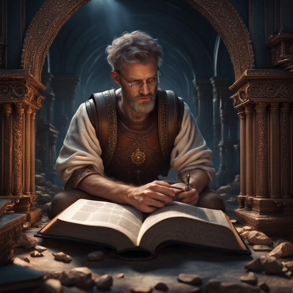Man Contemplating Bible: Detailed Matte Painting