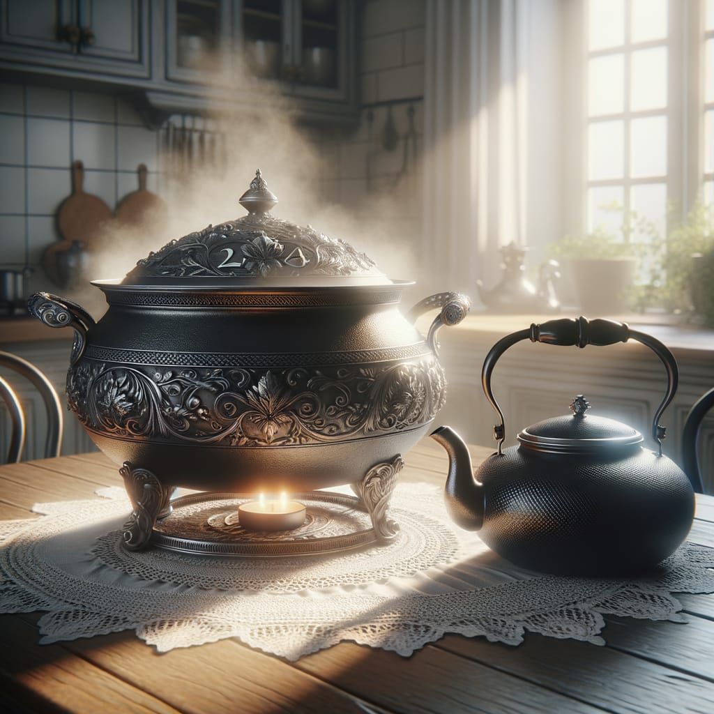 Photorealistic Cauldron and Teakettle Still Life
