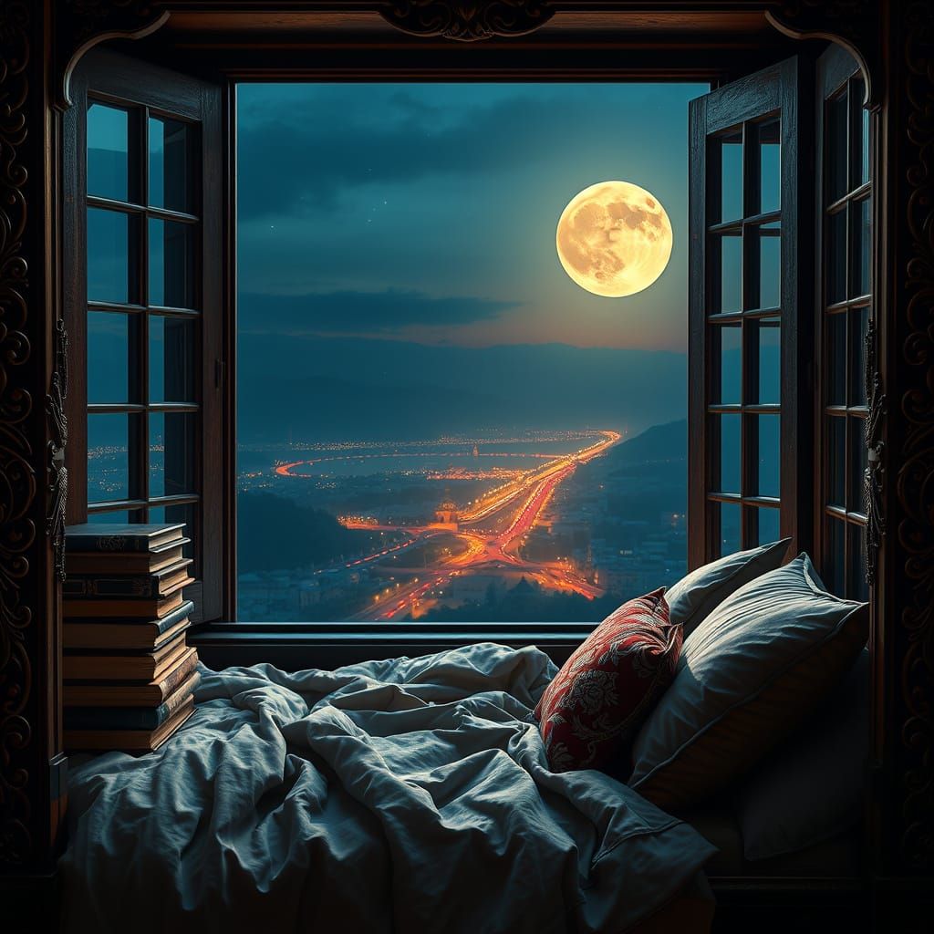 Moonlit Window Nook in Whimsical Fantasy Style