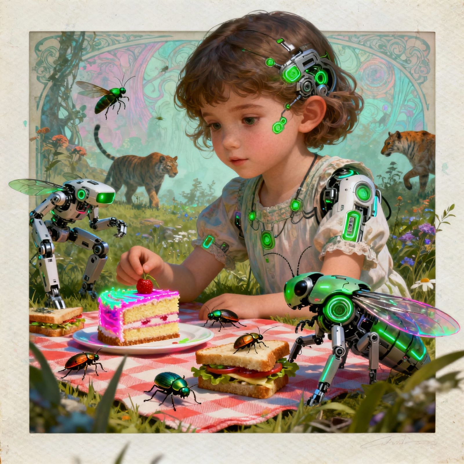 Futuristic Child's Picnic With Robotic Wildlife