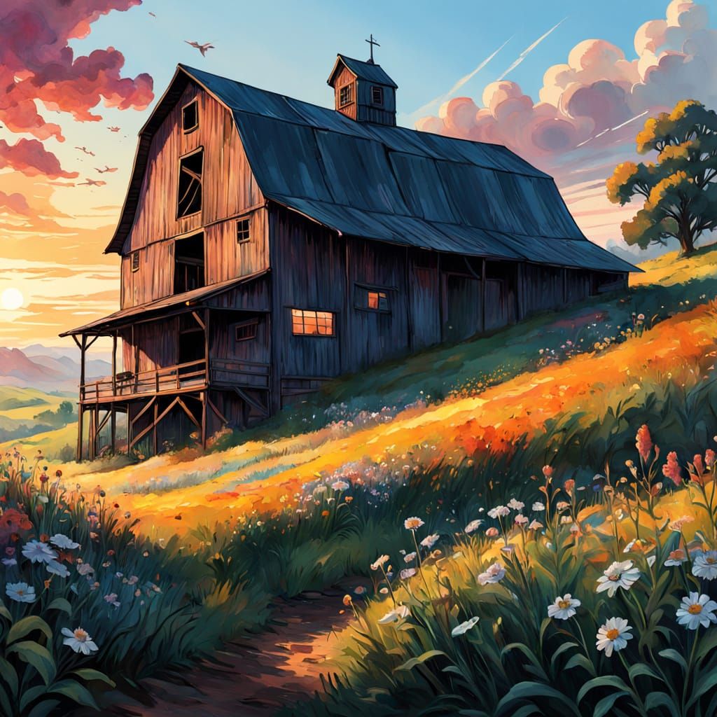 Rustic Faded Barn Awakens at Sunrise in Dramatic Comic Book ...