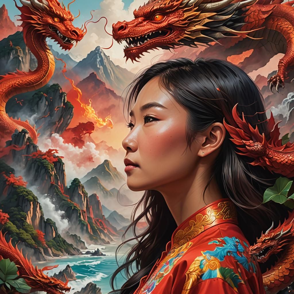 Asian Woman Contemplates Dragon, Hyperrealistic Splash Art