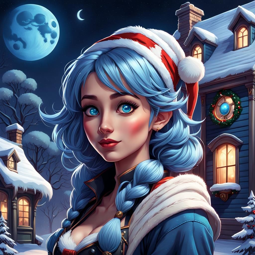 Festive Blue-Haired Woman in Christmas Comic Art