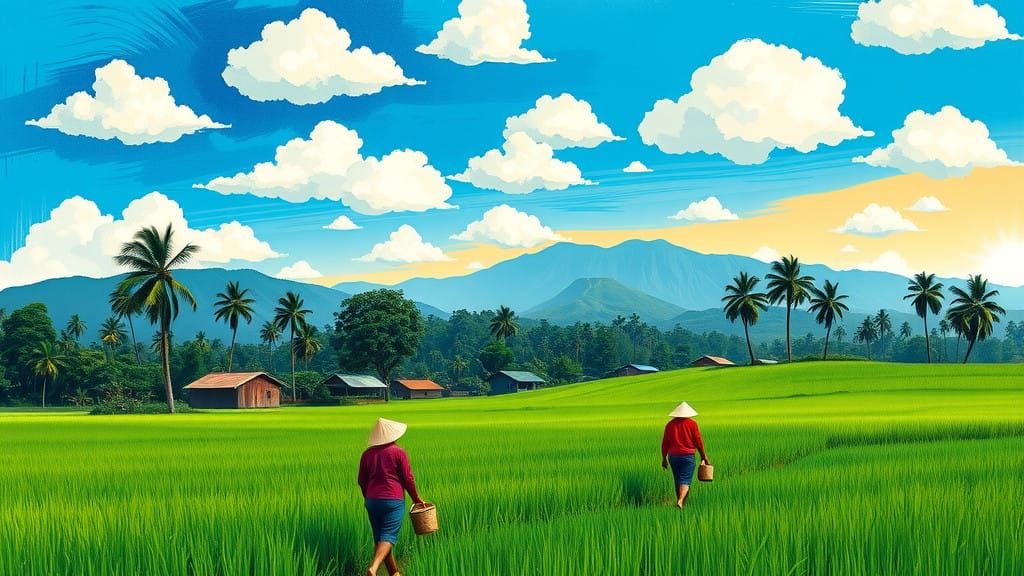 Indonesian Village Landscape in Vibrant Abstract Style