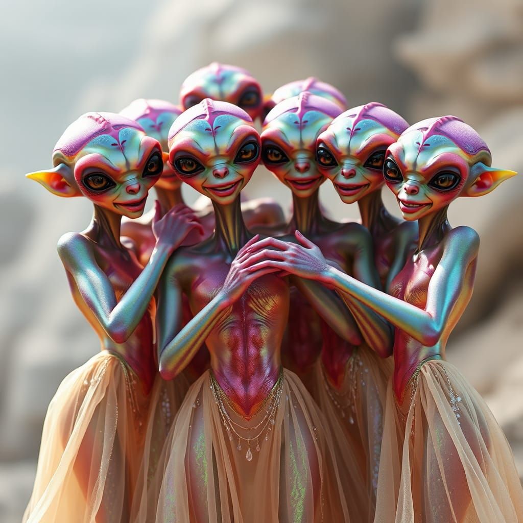 Iridescent Aliens' Joyful Intergalactic Selfie