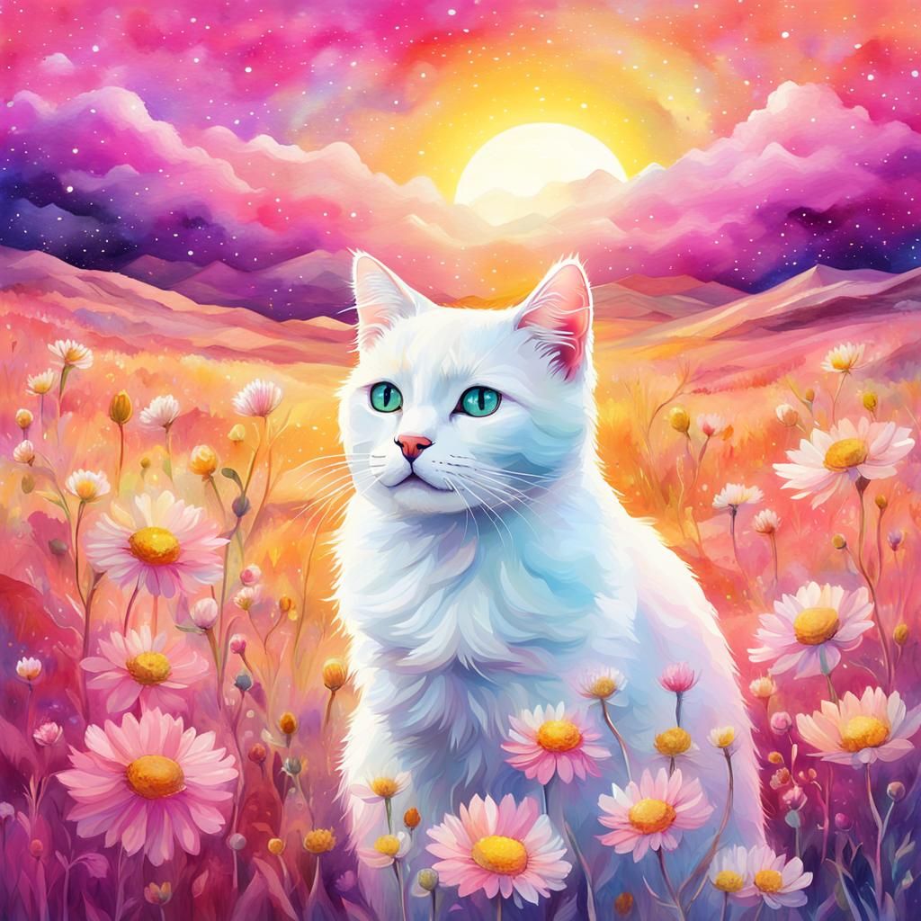 White Cat in Sunset Field: Watercolor Illustration