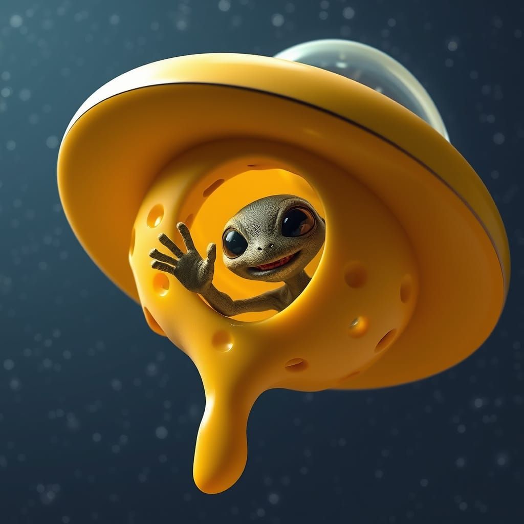 Cheesy UFO in Space with Smiling Alien
