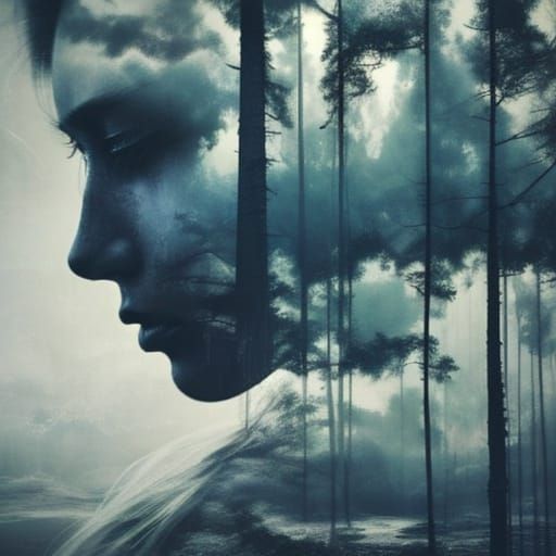 Surreal Double Exposure Portrait of Sadness and Depression