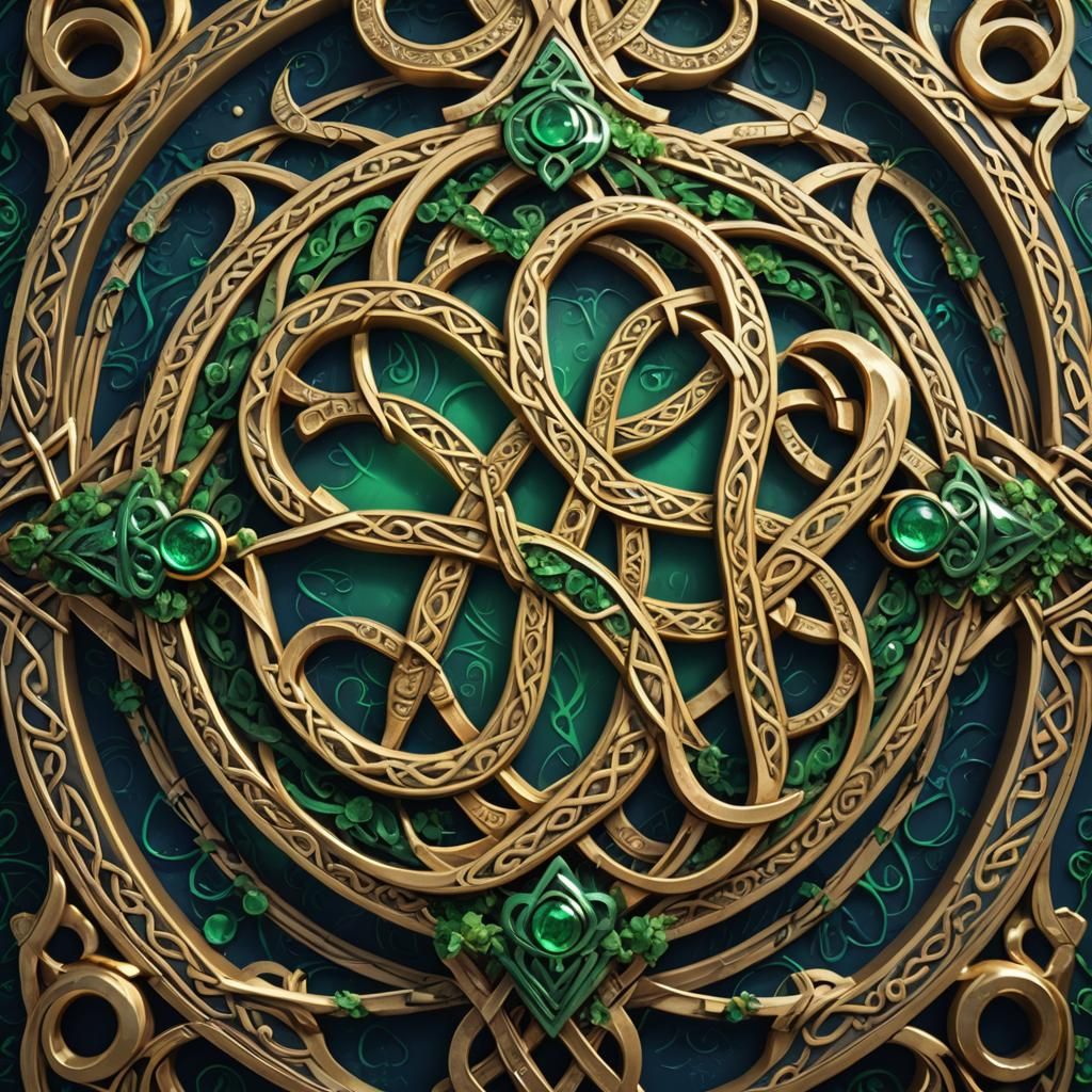 Intricate Celtic Knot with Emerald and Gold Details