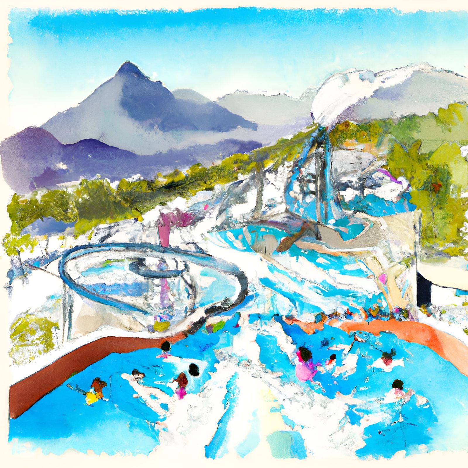 Mountain Waterpark with Anime People in Watercolor