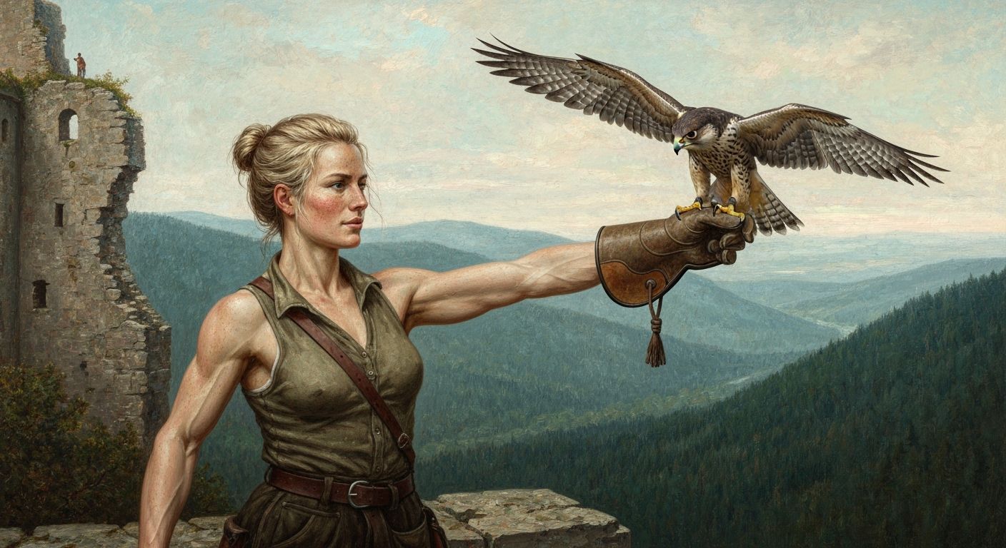 Confident Falconer with Falcon at Castle Ruins