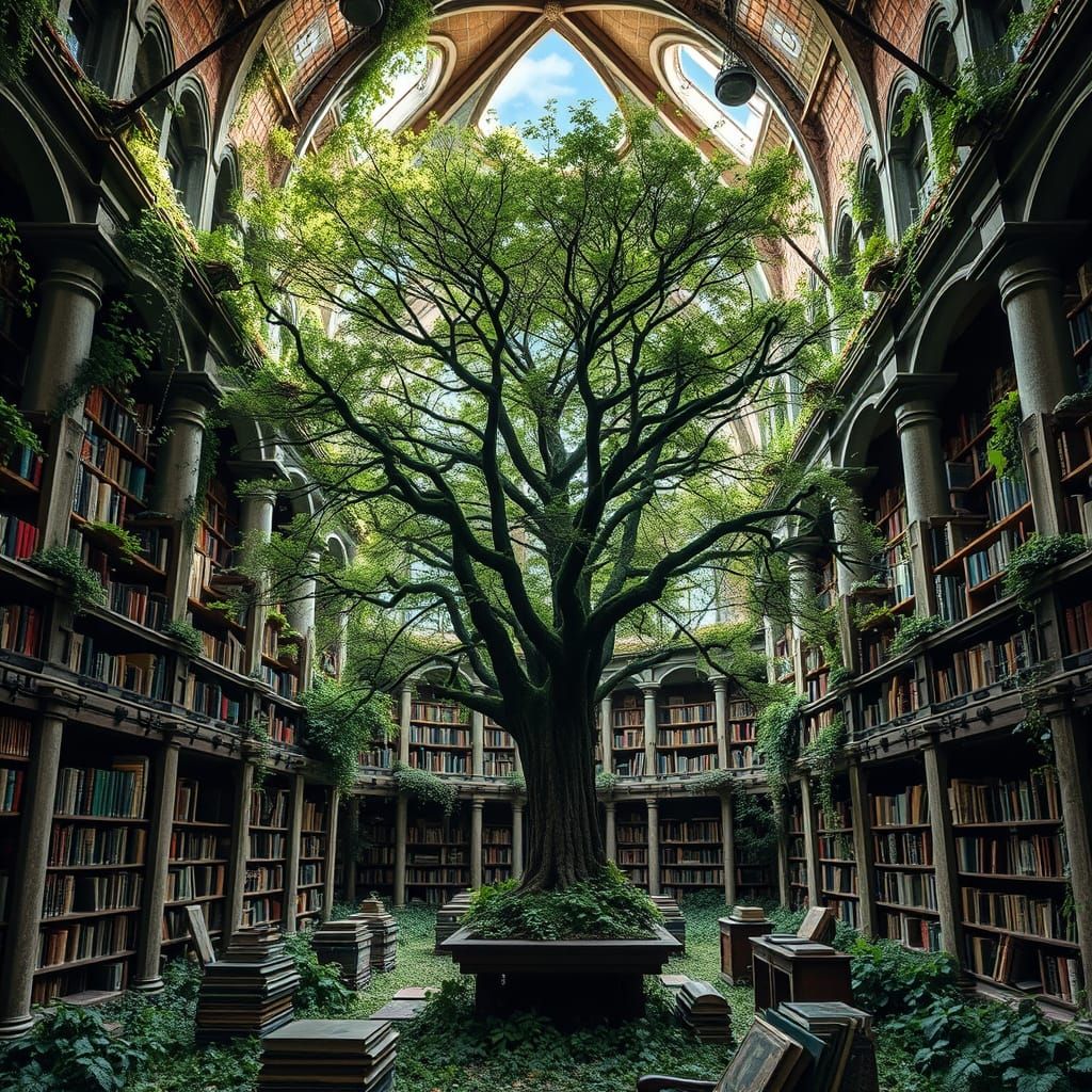 Forgotten Library in Gothic Ruins Transformed by Nature