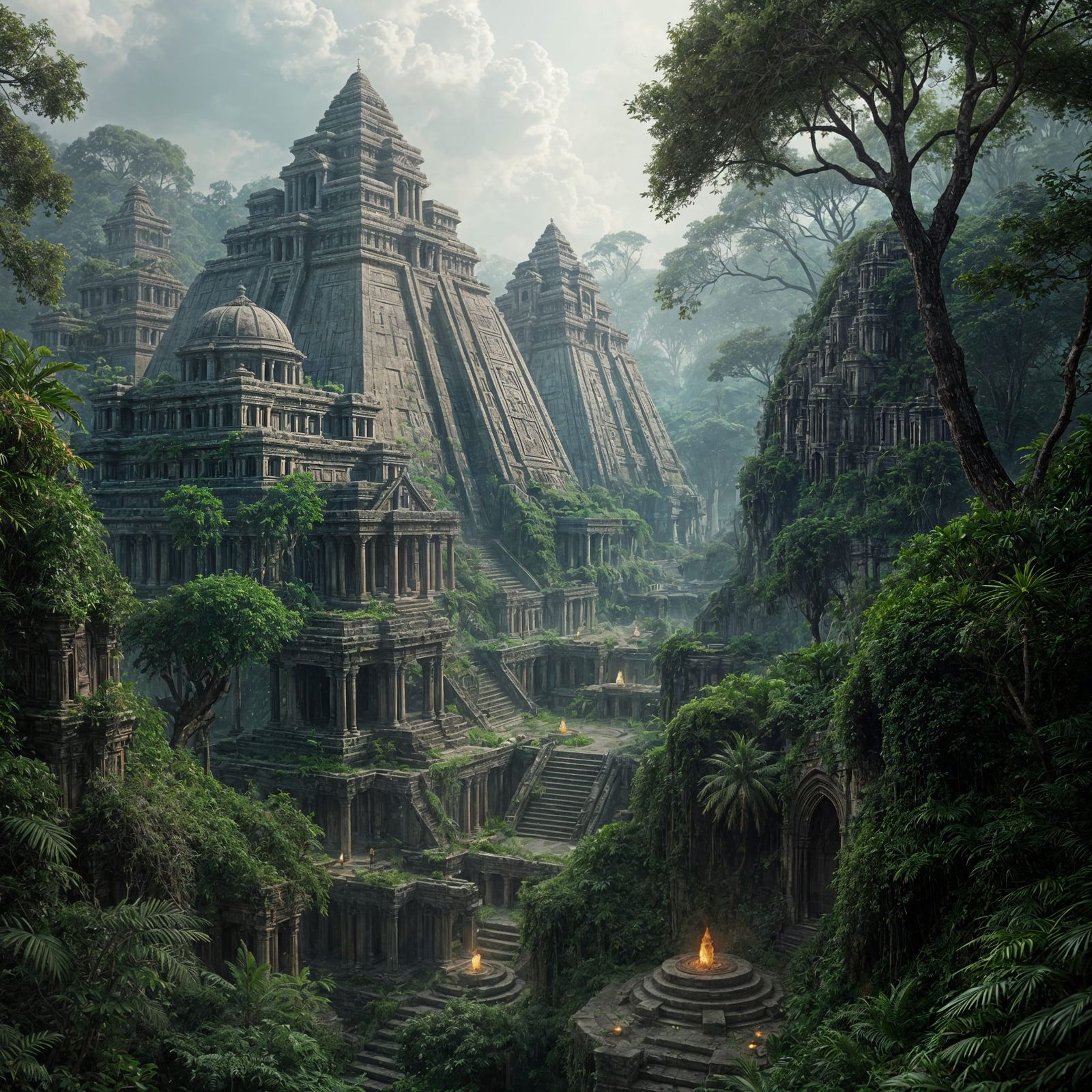 Ethereal Jungle Metropolis with Glowing Glyphs